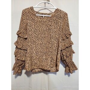 Three Bird Nest Brown Floral Ruffle Sleeve Blouse Top Small